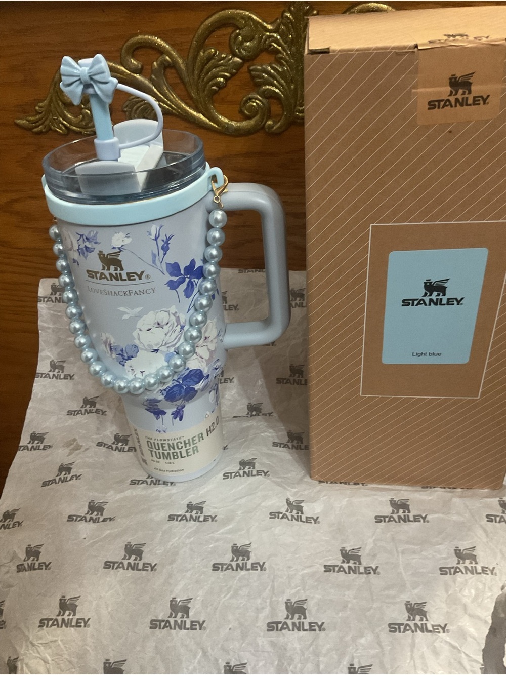 Stanley Loveshack Fancy Light Blue Floral Handle Quencher Tumbler with Bow Straw